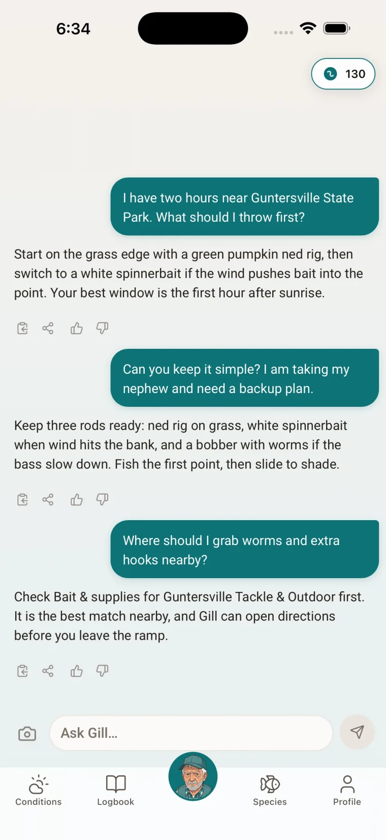 Ask Gill conversation recommending a first lure and backup plan at Lake Guntersville