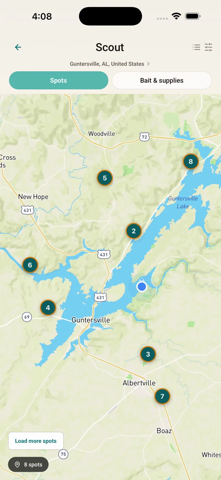 Ask Gill map showing nearby fishing water and spots